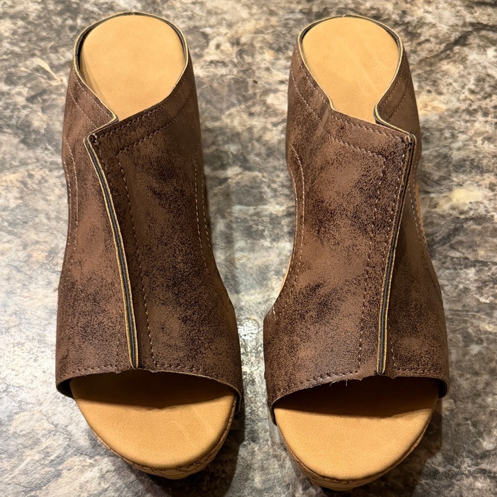 Brown Suede Open-Toe Wedge Sandals - Women